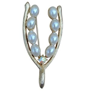 Vintage Coro Wishbone Brooch With Faux Pearls And Rhinestone